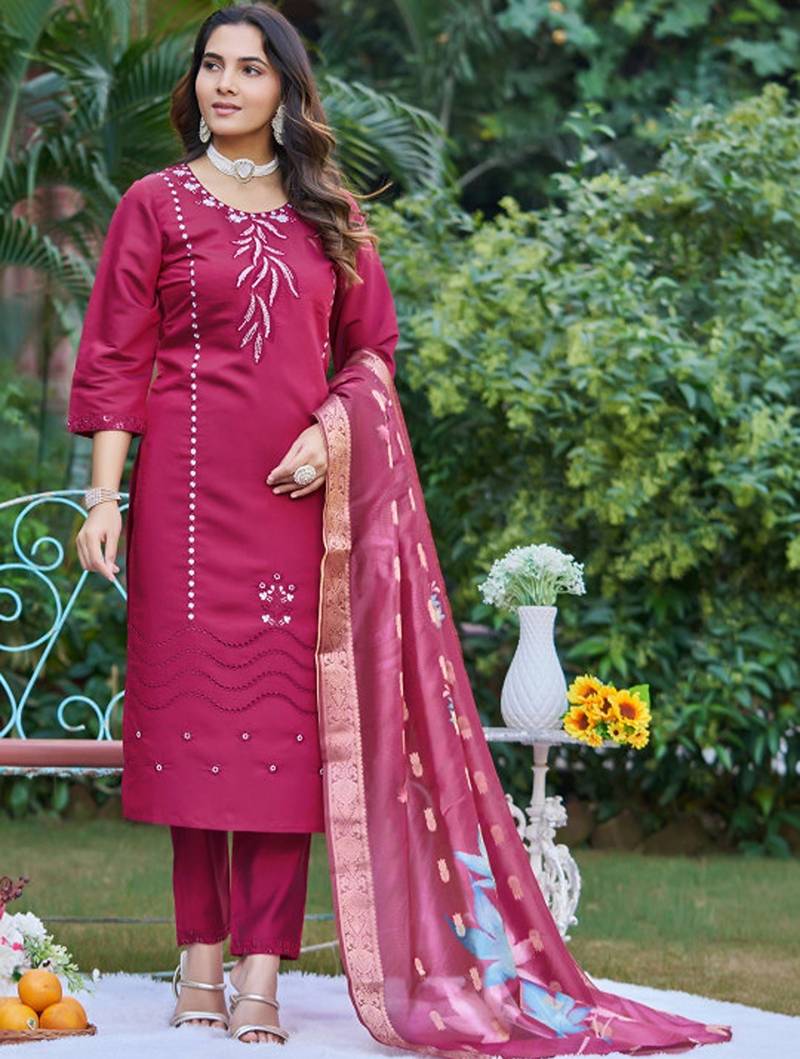Embroidered regular beads and stones kurta with trousers & with dupatta
