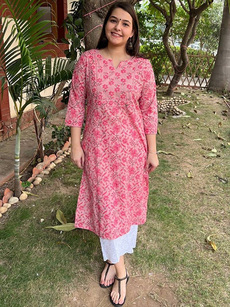 Floral printed notch neck straight cotton kurta