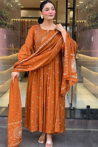 Woven design embroidered anarkali kurta with trousers & dupatta