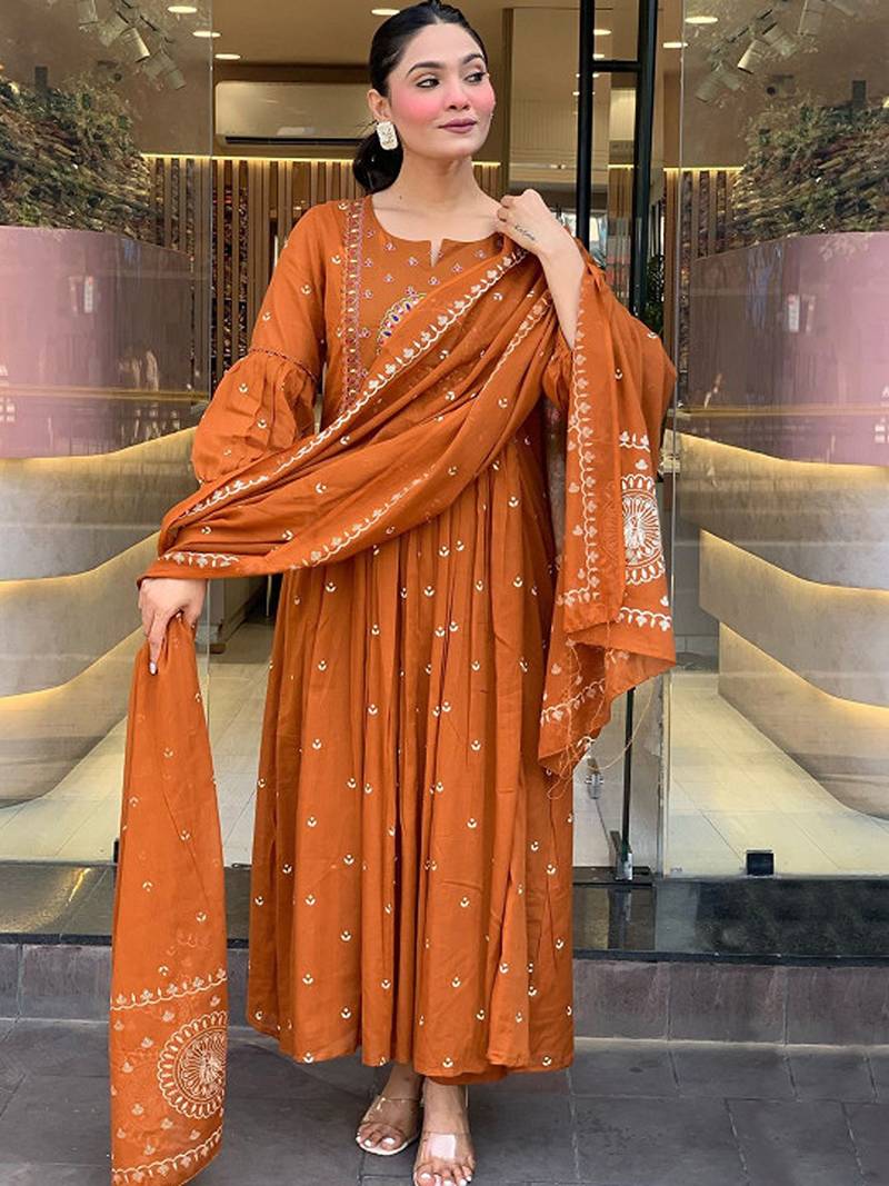 Woven design embroidered anarkali kurta with trousers & dupatta