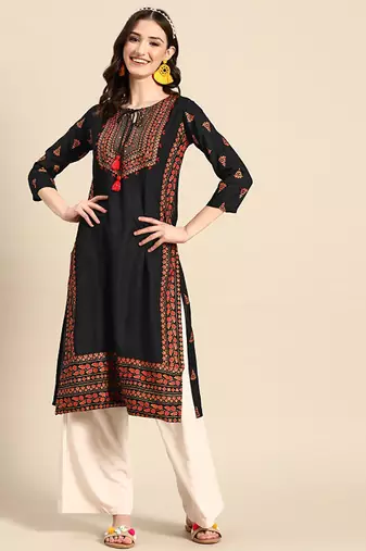Floral yoke printed mirror work kurta