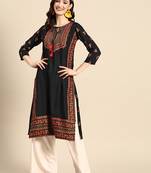 Floral yoke printed mirror work kurta