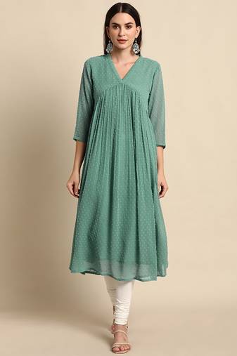 Green chiffon self design flared kurta