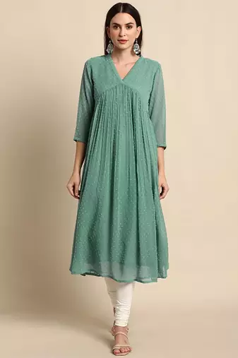 Green chiffon self design flared kurta