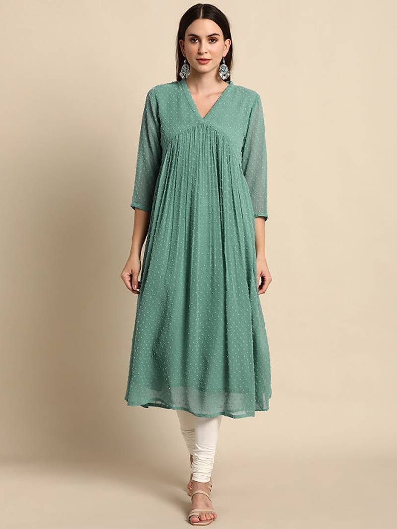 Green chiffon self design flared kurta