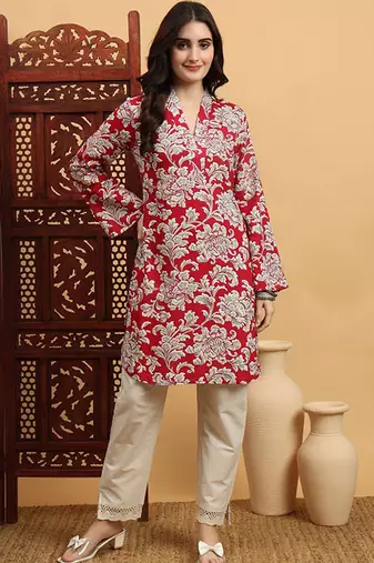Ethnic motifs printed flared sleeves summer sheers kurta