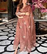 Floral embroidered regular thread work straight kurta with palazzos & dupatta