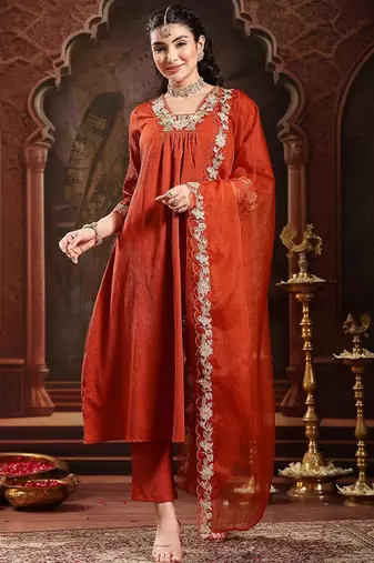Solid embroidered anarkali kurta with trousers & dupatta