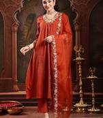 Solid embroidered anarkali kurta with trousers & dupatta