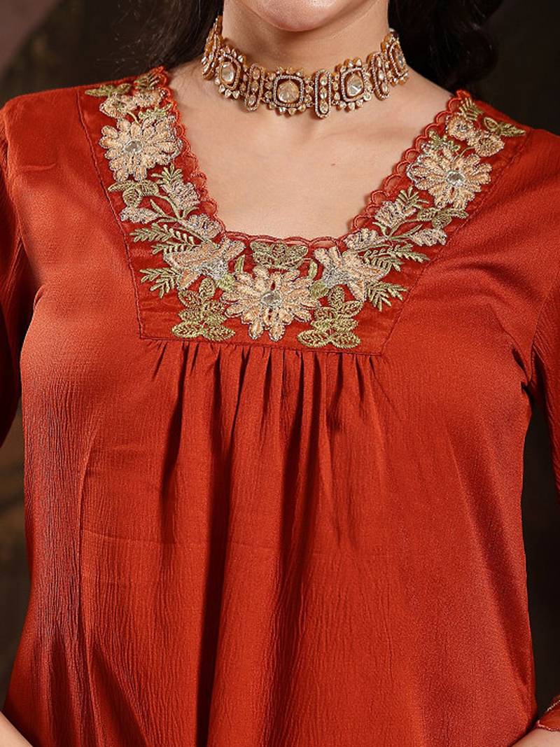 Solid embroidered anarkali kurta with trousers & dupatta