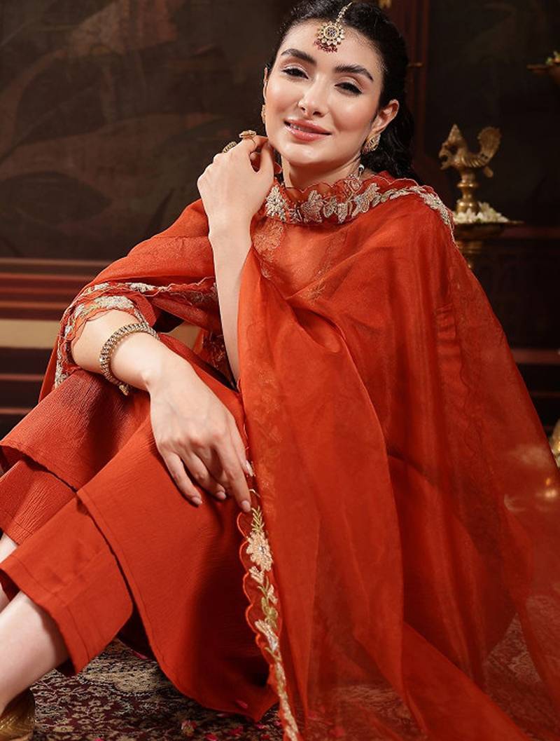 Solid embroidered anarkali kurta with trousers & dupatta