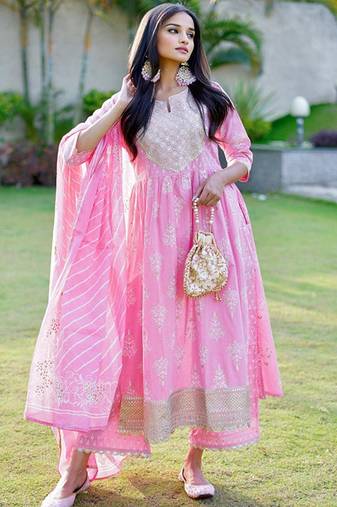 Womens pink yoke design cotton anarkali kurta with palazzos & dupatta