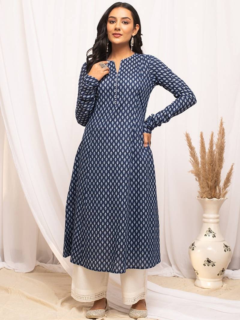 Ethnic motifs printed notched neck pure cotton a-line kurta