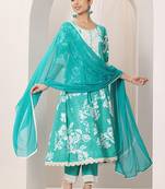 Womens blue printed anarkali kurta with trousers & dupatta