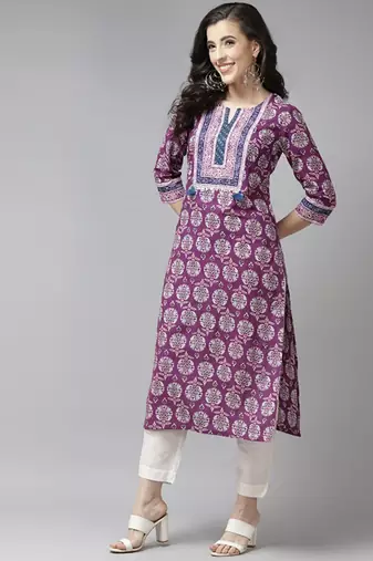 Purple & white pure cotton ethnic motifs printed kurta