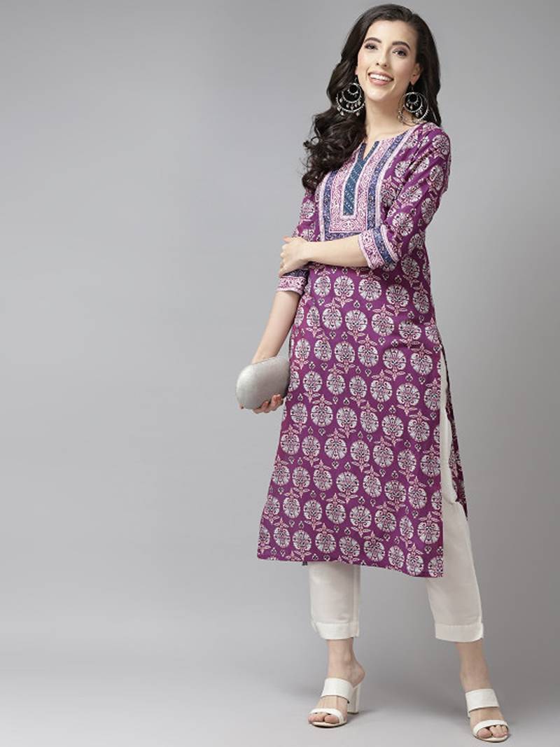 Purple & white pure cotton ethnic motifs printed kurta