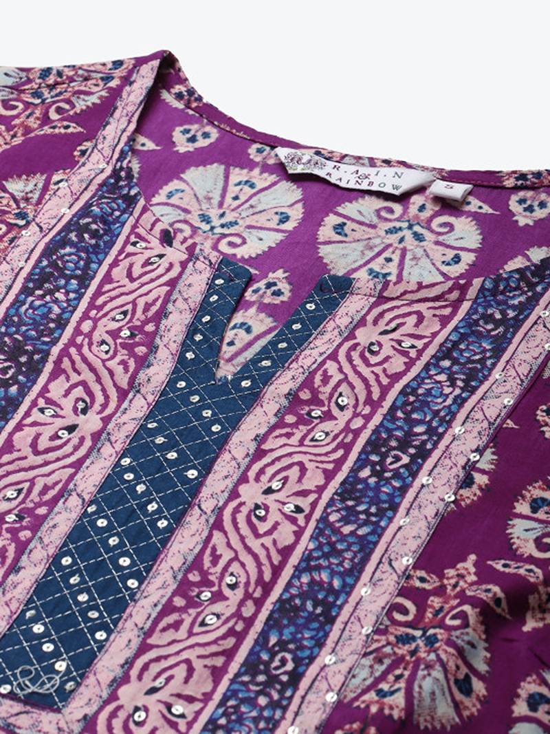 Purple & white pure cotton ethnic motifs printed kurta