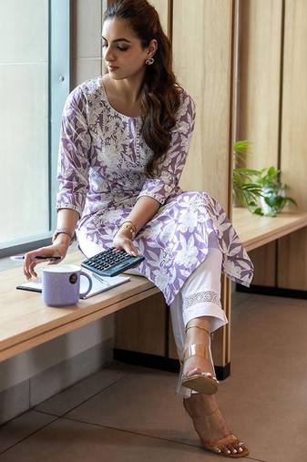 Floral printed thread work cotton straight kurta