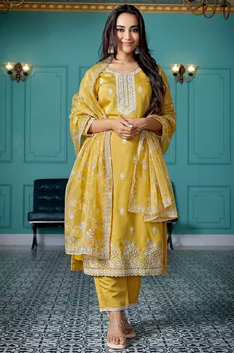 Ethnic motifs embroidered thread work straight kurta with trousers & dupatta