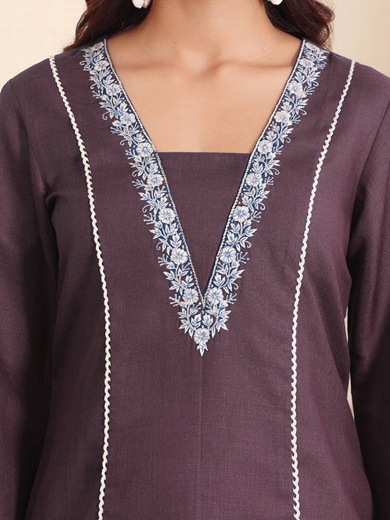 V-neck embroidered thread work straight kurta with trousers