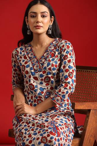 Beige floral printed pure cotton kurta with trousers