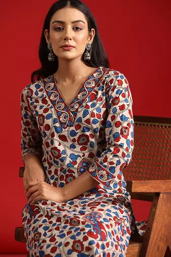 Beige floral printed pure cotton kurta with trousers