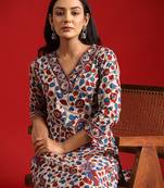 Beige floral printed pure cotton kurta with trousers