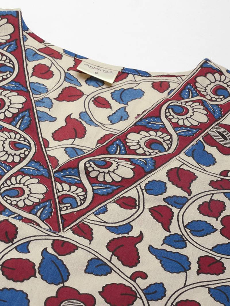 Beige floral printed pure cotton kurta with trousers