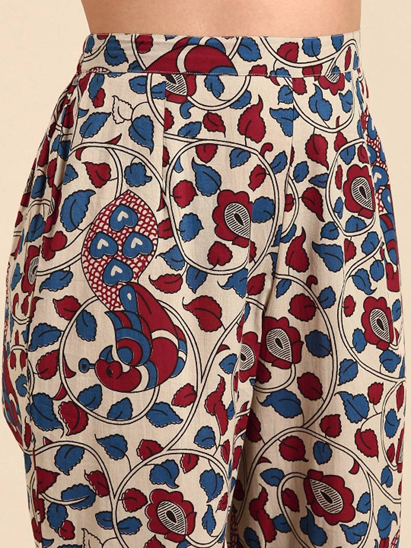 Beige floral printed pure cotton kurta with trousers