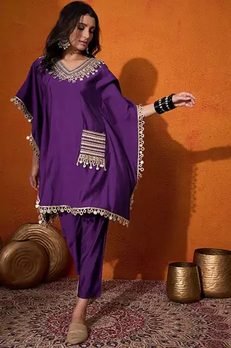 Ethnic motifs yoke design embroidered kaftan kurta & trousers