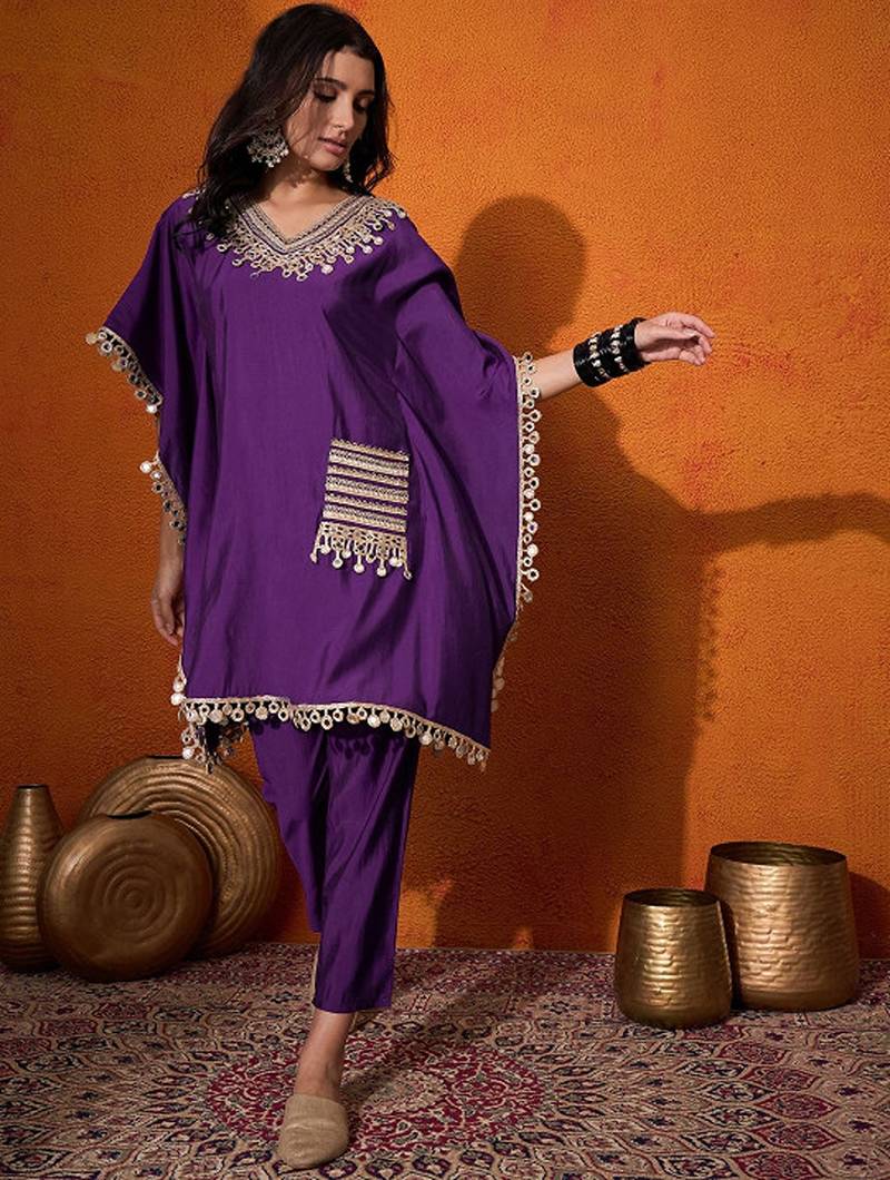 Ethnic motifs yoke design embroidered kaftan kurta & trousers