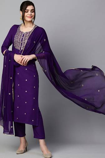 Floral embroidered regular kurta with trousers & dupatta