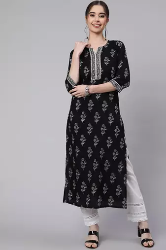 Floral printed round neck pure cotton kurta