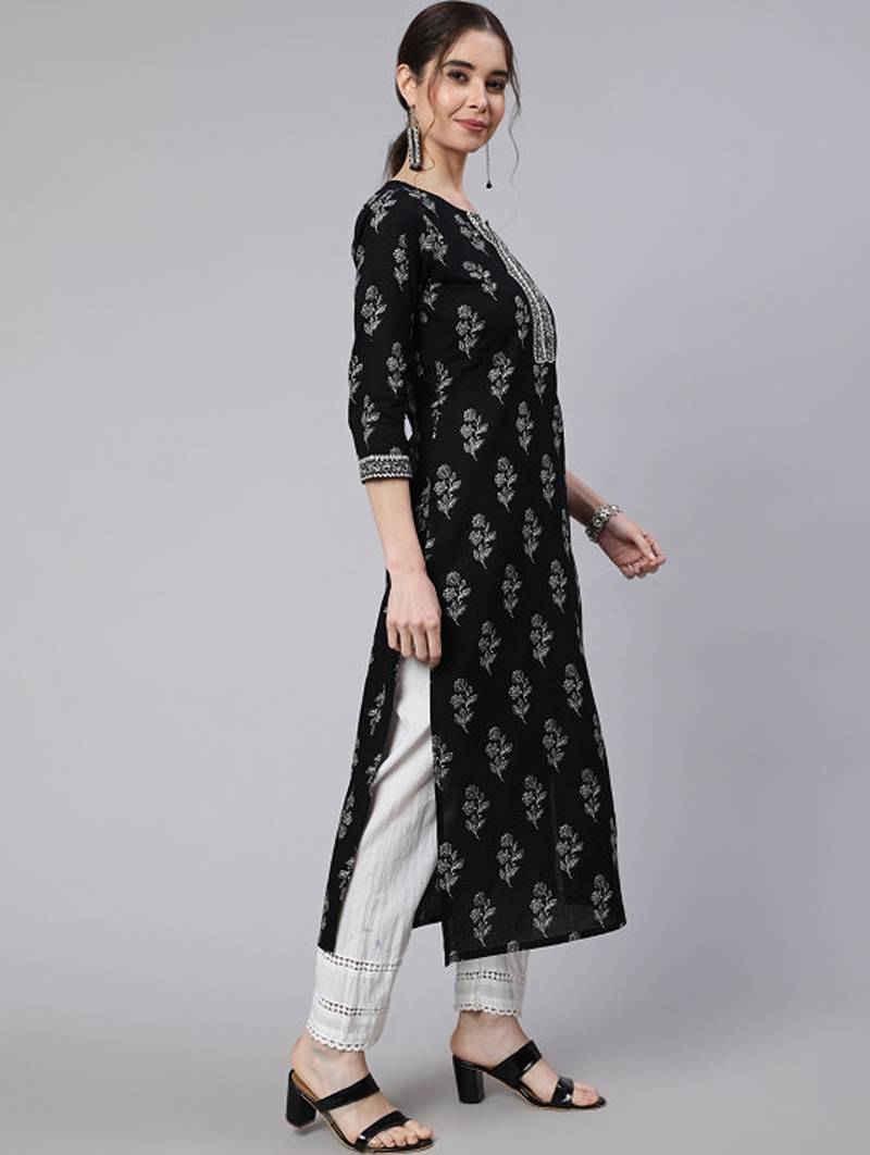 Floral printed round neck pure cotton kurta