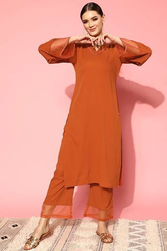 Rust flared sleeve organza detailed v neck textured kurta with palazzo