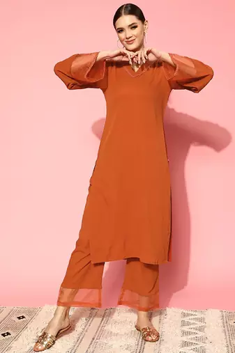 Rust flared sleeve organza detailed v neck textured kurta with palazzo