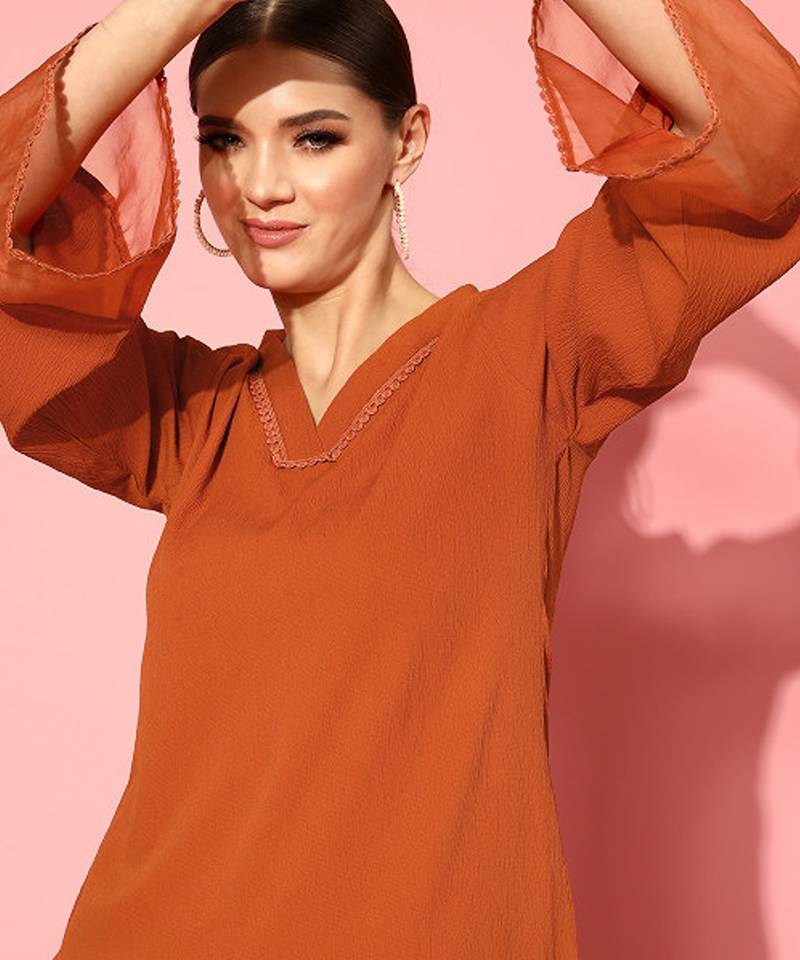 Rust flared sleeve organza detailed v neck textured kurta with palazzo