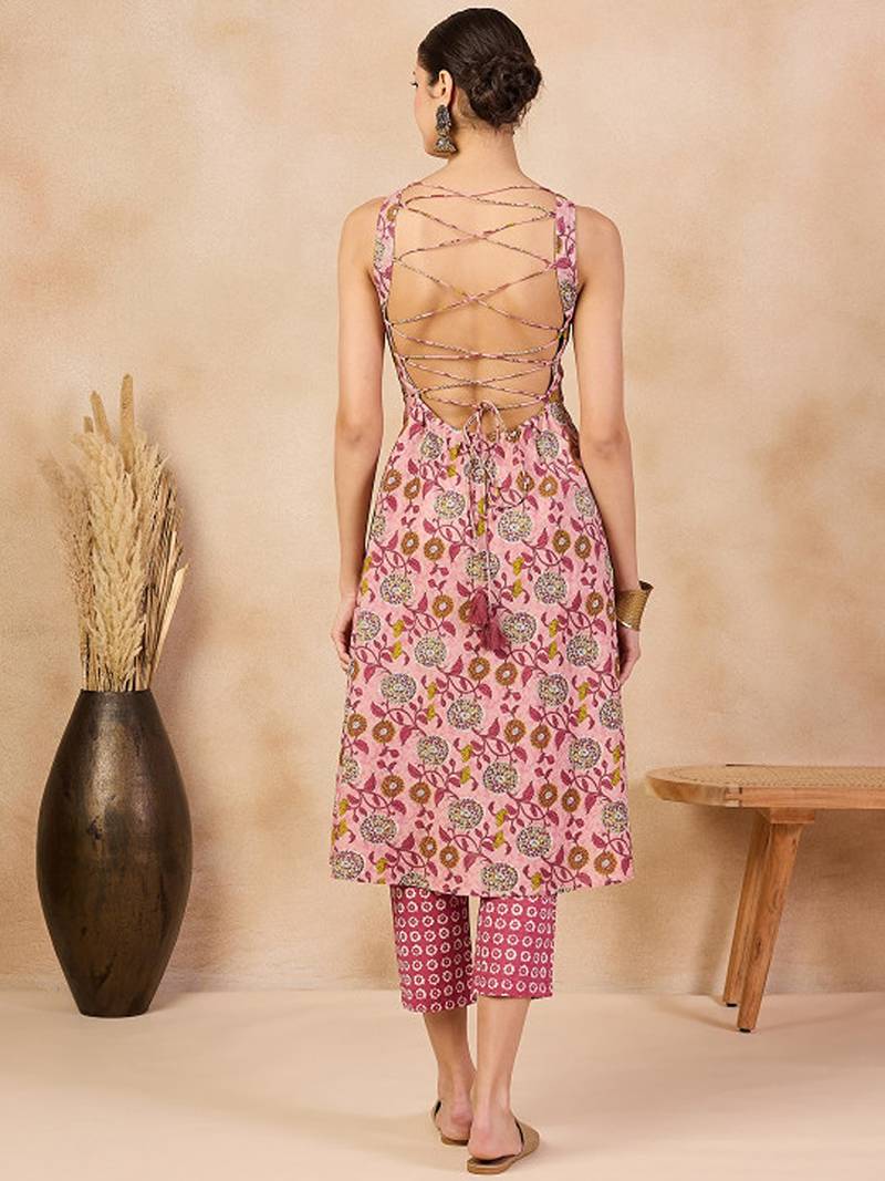Pink floral printed v-neck regular cotton a-line kurta with trousers