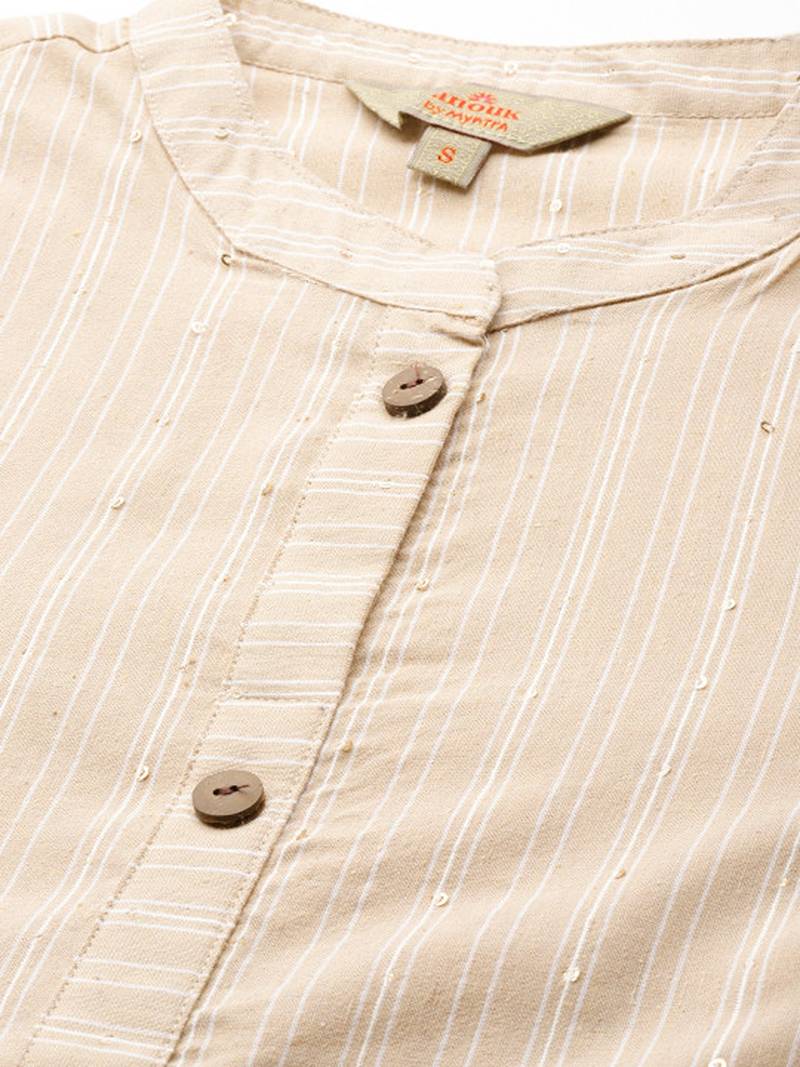 Beige cotton striped kurta with palazzos