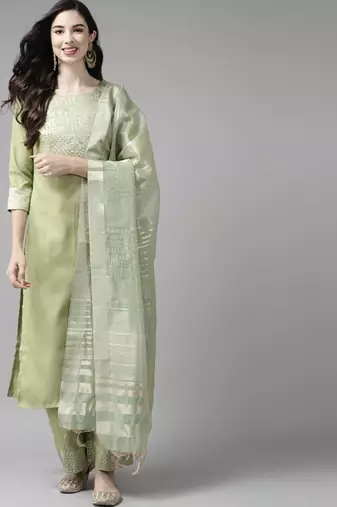 Green yoke design regular republic day kurta with palazzos & dupatta
