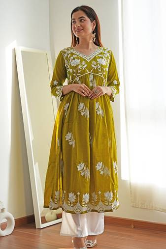 Floral printed flared sleeves thread work summer sheers kurta