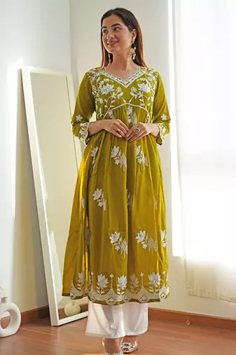 Floral printed flared sleeves thread work summer sheers kurta