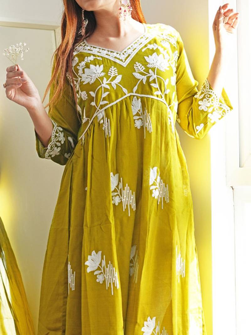 Floral printed flared sleeves thread work summer sheers kurta