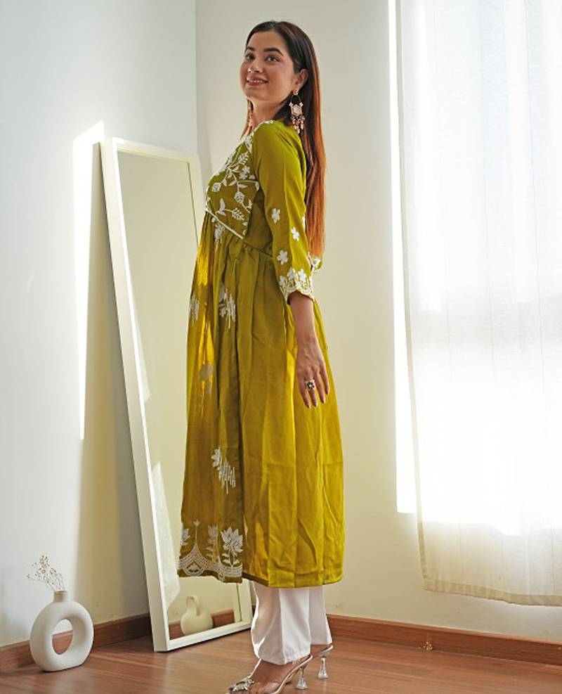 Floral printed flared sleeves thread work summer sheers kurta