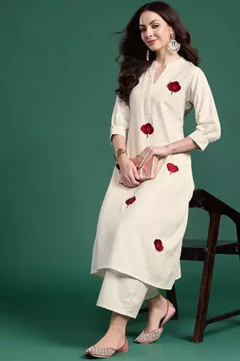 Floral embroidered thread work pure cotton republic day kurta with palazzos