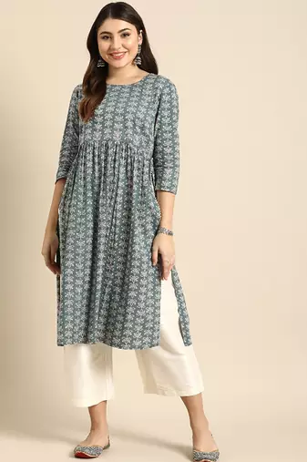 Floral printed high slit pure cotton kurta