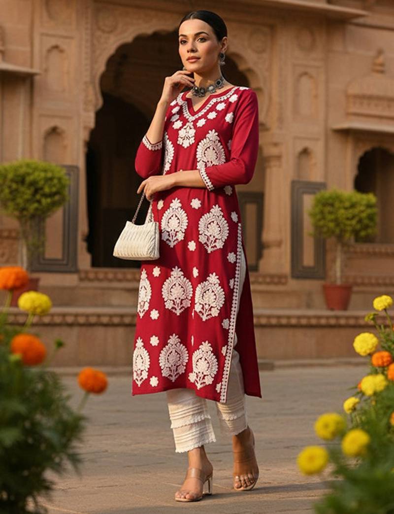 Round neck thread work straight kurta