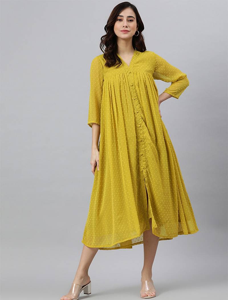 Mustard chiffon self design front slit kurta