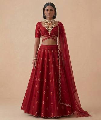 Red Embroidered Raw Silk Lehenga Set 1
