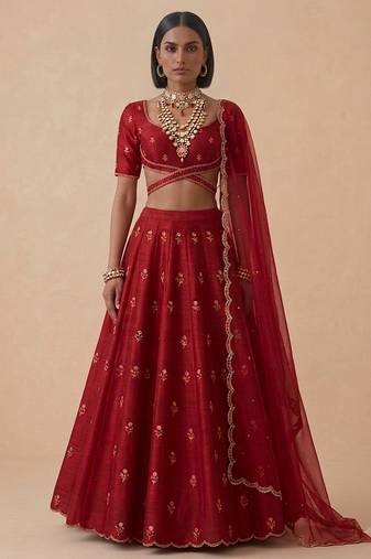 Red Embroidered Raw Silk Lehenga Set